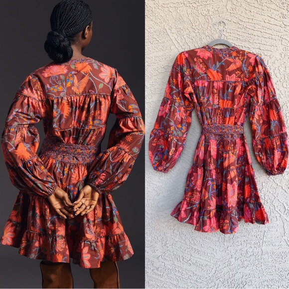 FARM RIO PETITE ANTHRO Floral Bird Printed Belted Puff Sleeve Tiered Mini Dress - Picture 8 of 17